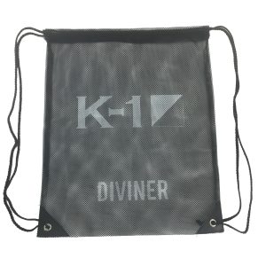 Custom printed black mesh drawstring bag front view with black ropes