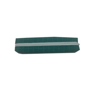 Dark green grid woven pencil case front view with light grey zipper