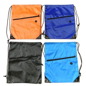 4-color combination of drawstring backpacks with front zipper pockets in orange, blue, black, and light blue