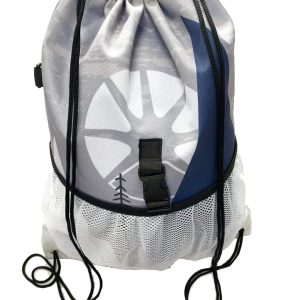 Drawstring backpack with front mesh pouch and adjustable plastic buckle closure