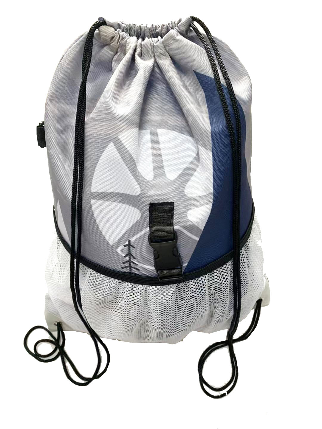 Drawstring backpack with front mesh pouch and adjustable plastic buckle closure