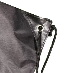 Black drawstring backpack with dual rope straps and metal eyelets for OEM branding