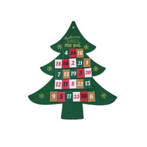 Green felt Christmas tree advent calendar with gold foil print and detachable numbers