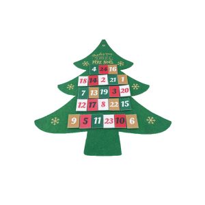 Christmas tree shaped felt advent calendar with gold foil snowflakes and French text