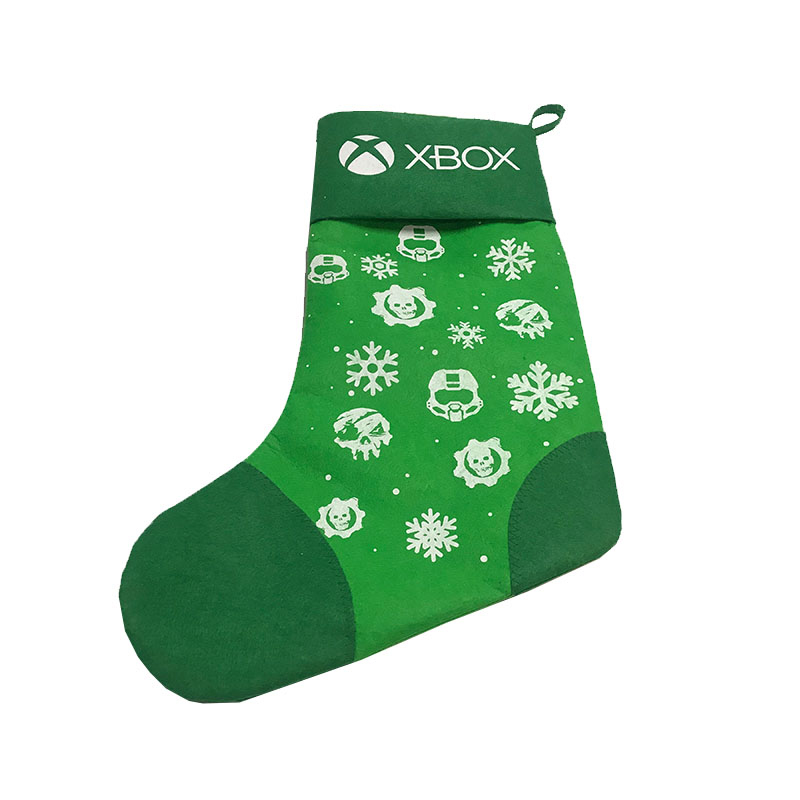 Custom gaming Christmas stocking with hanging loop and dark green patches