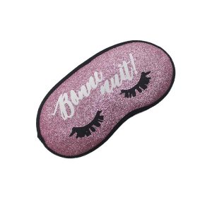 Rose gold glitter sleep mask with black eyelash print side view