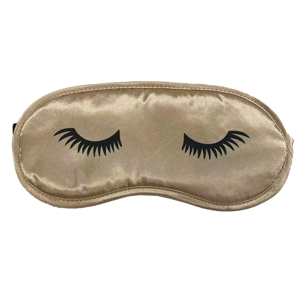 Gold satin eye mask front view with eyelash print