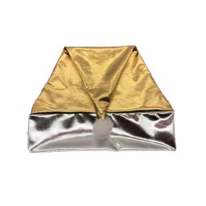 Glossy gold PU Christmas hat with silver trim side view