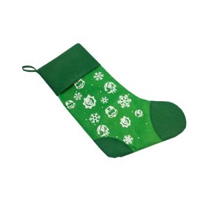 Green felt Xmas stocking with white gaming icon and snowflake prints