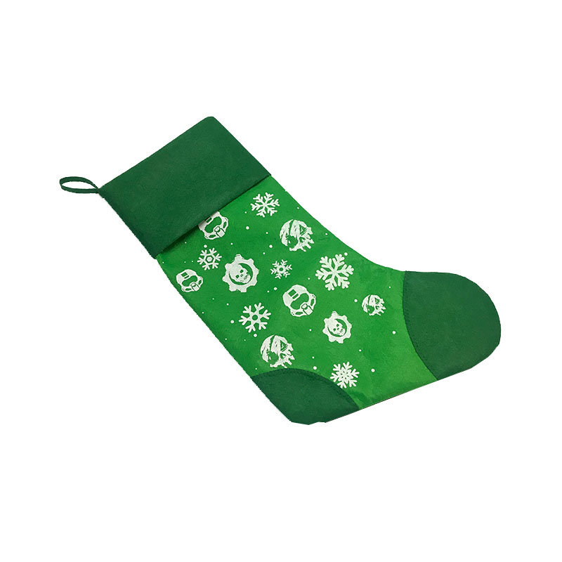 Green felt Xmas stocking with white gaming icon and snowflake prints