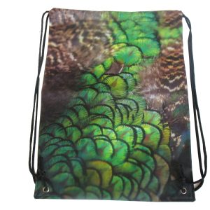 Back view of green feather full-print drawstring backpack