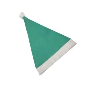 Angled green felt party hat with white pom-pom on top