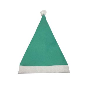 Green felt Santa hat front flat view with white fleece trim