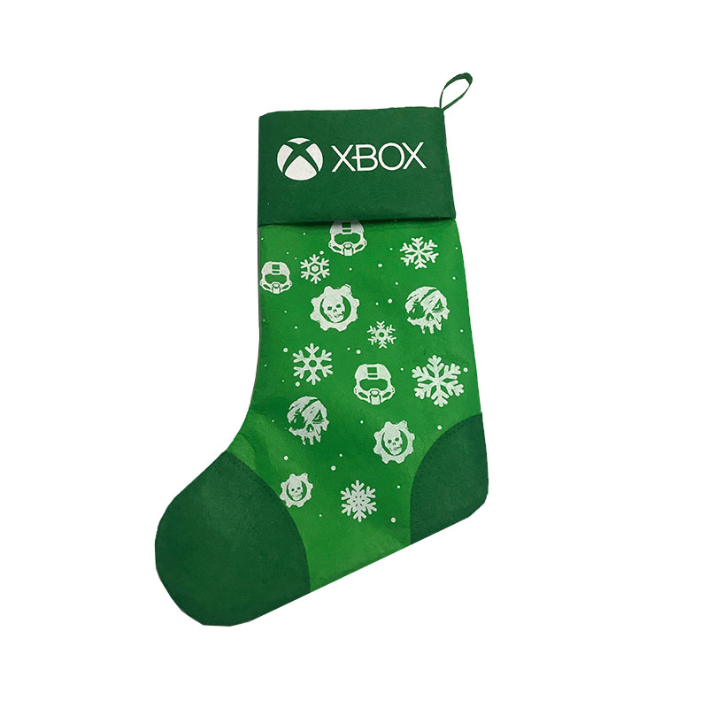 Green gaming themed felt Christmas stocking with XBOX logo cuff and white prints