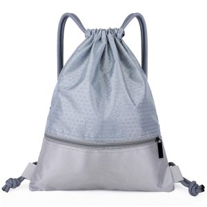 Grey drawstring cinch bag with zipper pocket and rope straps