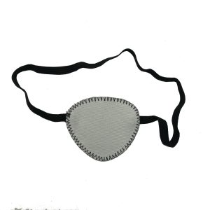 Grey cotton and paper composite eye patch with black elastic strap flat lay