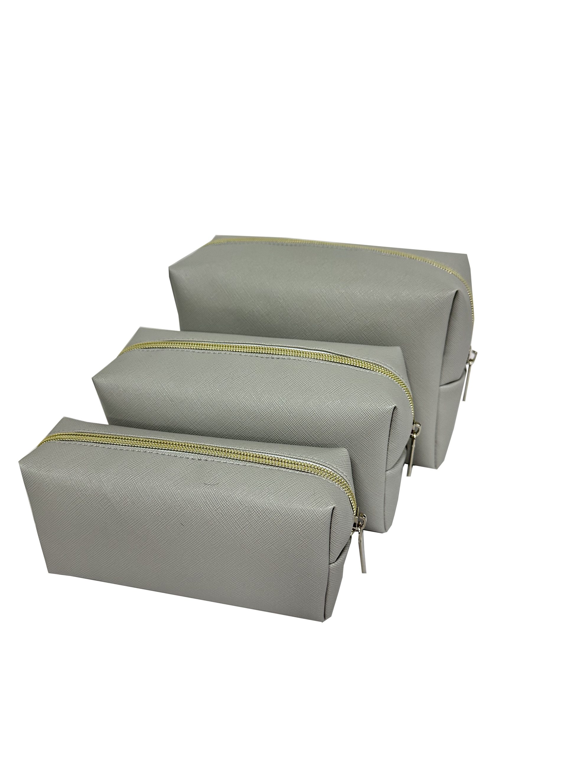 3-piece set of grey toothpick texture PU leather cosmetic bags in S/M/L