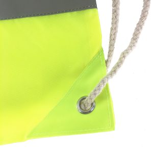Corner metal grommet and reinforced edge on high visibility drawstring bag