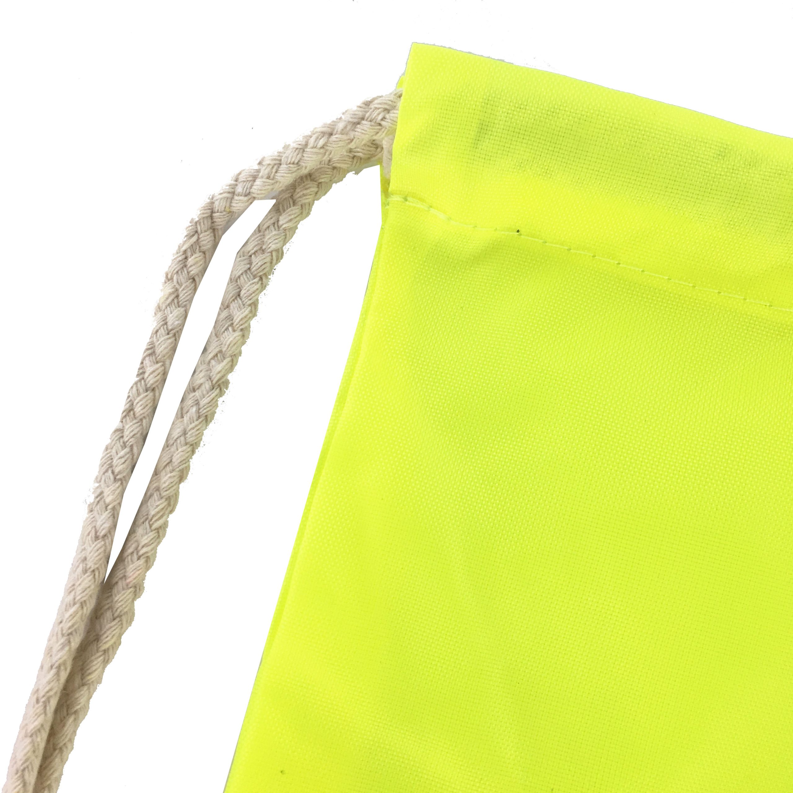 Top opening braided rope detail on fluorescent yellow safety drawstring bag