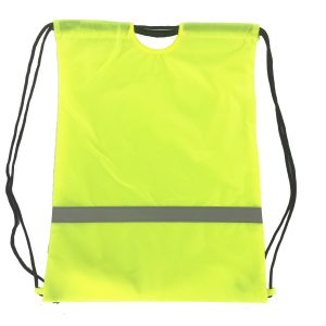 High visibility fluorescent yellow drawstring bag with black rope and U-shaped neck