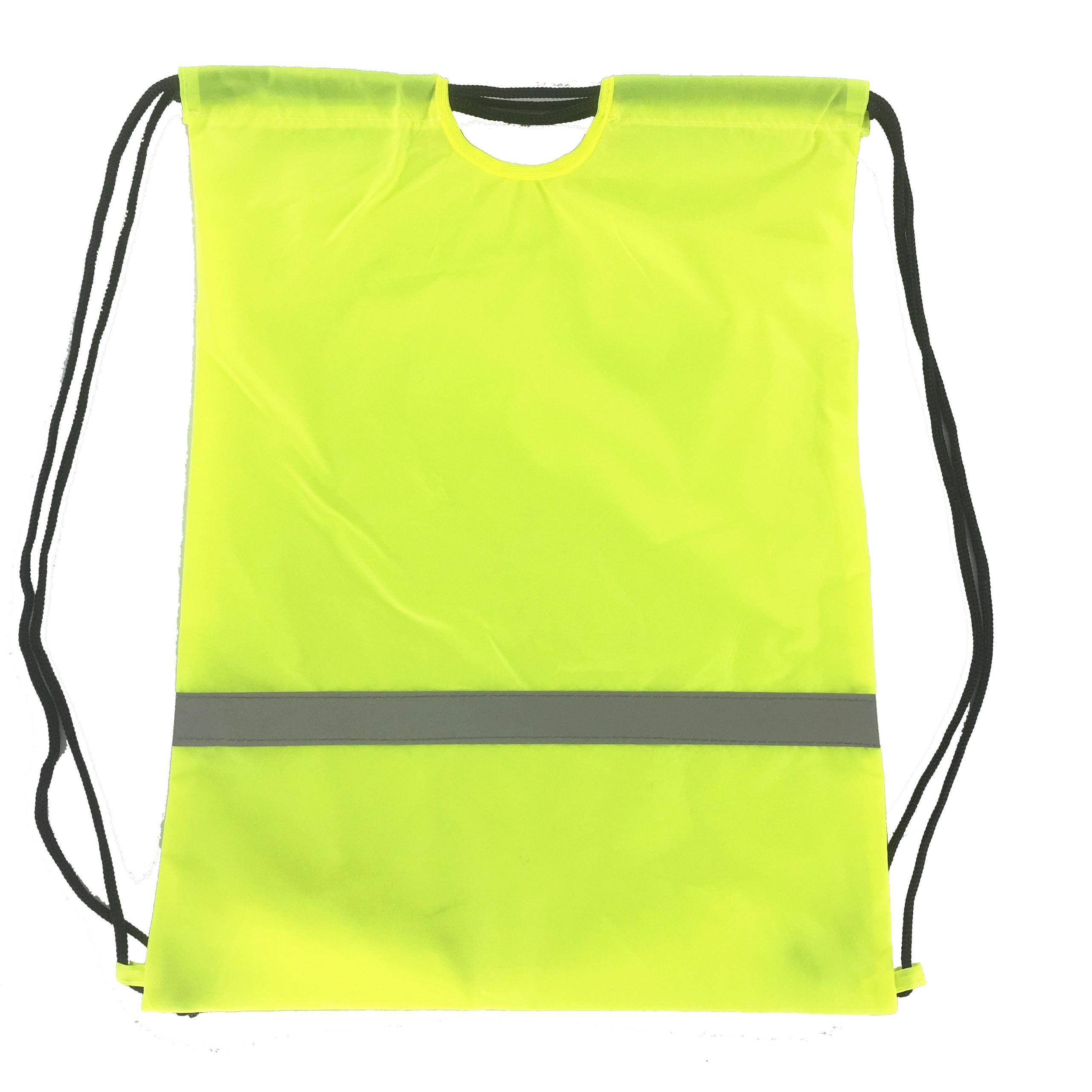 High visibility fluorescent yellow drawstring bag with black rope and U-shaped neck