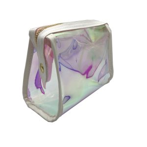 Holographic clear PVC makeup pouch side view with white trim and snap button