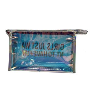 Back view of holographic clear makeup pouch showing reversed text