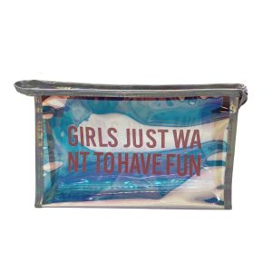 Holographic PVC travel pouch front view with colorful zipper tape