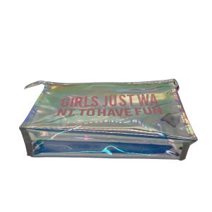 Holographic clear PVC makeup pouch with sparkly pink slogan text flat lay