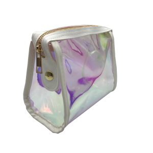 Holographic cosmetic bag with gold zipper and metal snap button close-up