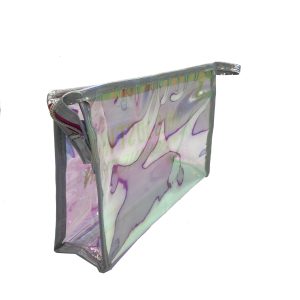 Holographic makeup bag angled view with pink zipper and side pull tab