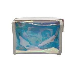 Clear holographic toiletry bag top angle showing gold zipper details