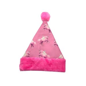 Pink unicorn Santa hat with hot pink plush trim front view