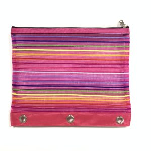 Hot pink rainbow mesh 3-ring pencil pouch for school supplies