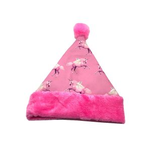 Hot pink plush trim pink unicorn Santa hat with pom-pom
