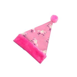 Pink unicorn canvas Santa hat angled view with pink pom-pom
