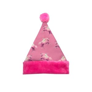 Hot pink plush trim pink unicorn printed canvas Santa hat front view