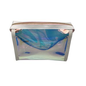 Front view of iridescent PVC cosmetic bag with white leather-like binding