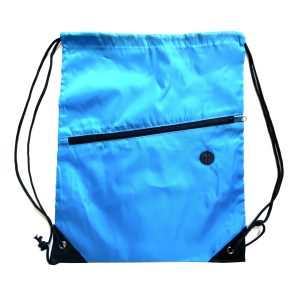Light blue drawstring backpack with front zipper pocket and metal grommets