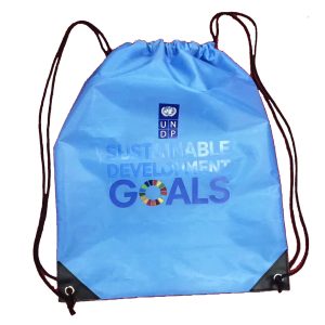 Light blue custom drawstring backpack with SDG logo and black corner patches