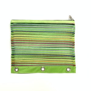 Lime green mesh document pouch with solid bottom and 3 holes for binders
