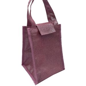 Sparkly thermal lunch bag with woven edge binding angled view