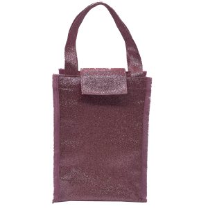 Maroon glitter insulated lunch tote bag front view with handle