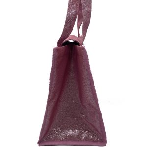 Side view of maroon glitter lunch bag showing depth and straps