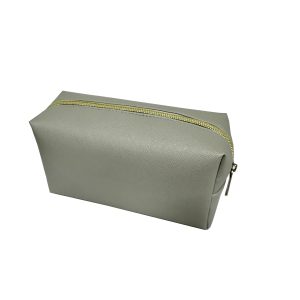 Medium grey twill texture cosmetic pouch with gold zipper side view