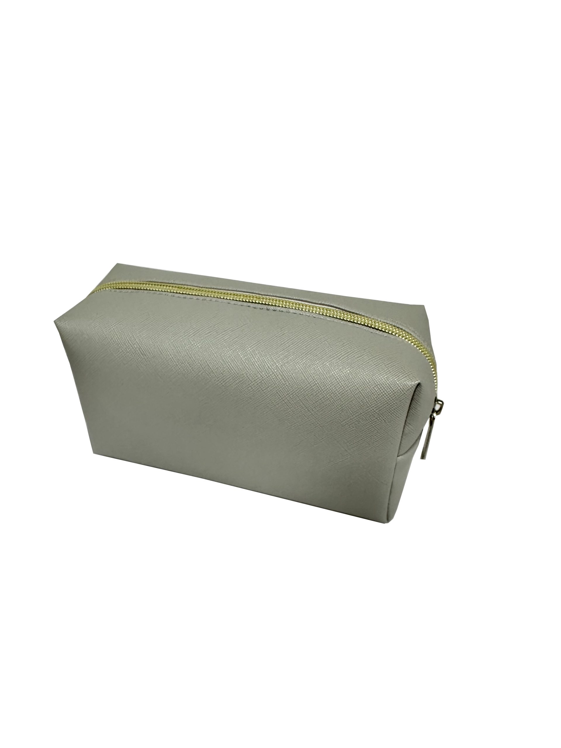 Medium grey twill texture cosmetic pouch with gold zipper side view