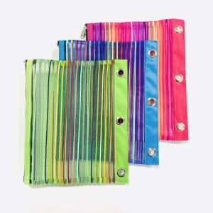 Rainbow mesh A4 document pouches with Oxford bottom and zipper stacked