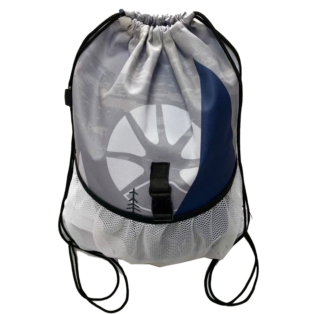 White mesh pocket drawstring bag with plastic buckle and custom logo print