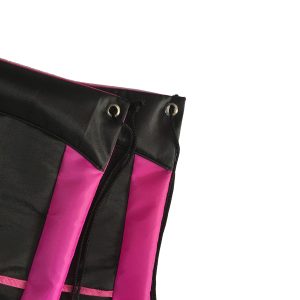 Metal grommet corner detail on pink black drawstring bag