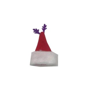 Red mini felt Santa hat with purple antlers and white fuzzy base